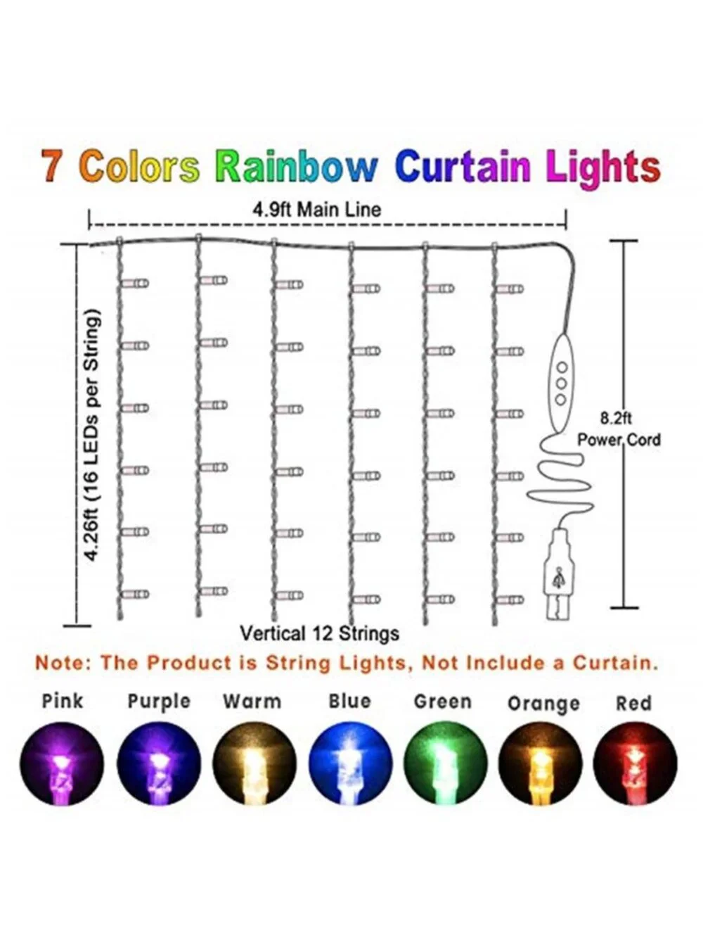 Rainbow LED Curtain Lights Remote Control Dimmable Fairy String Lights